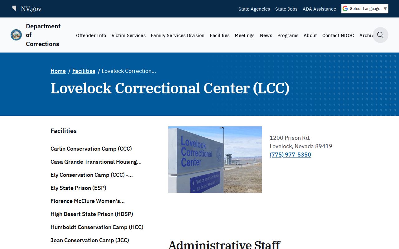 Lovelock Correctional Center offender release facility page