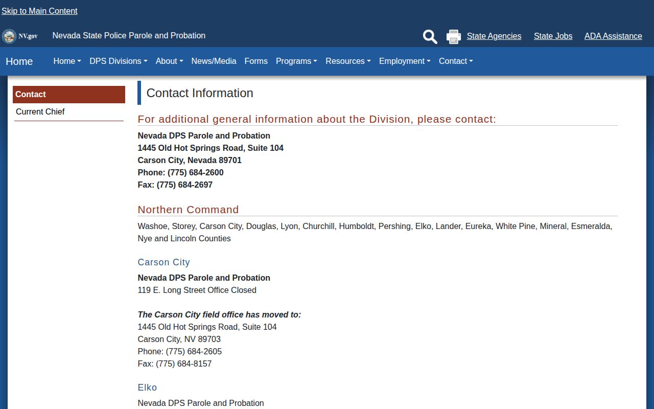 Pershing County parole and probation Northern Command contact route